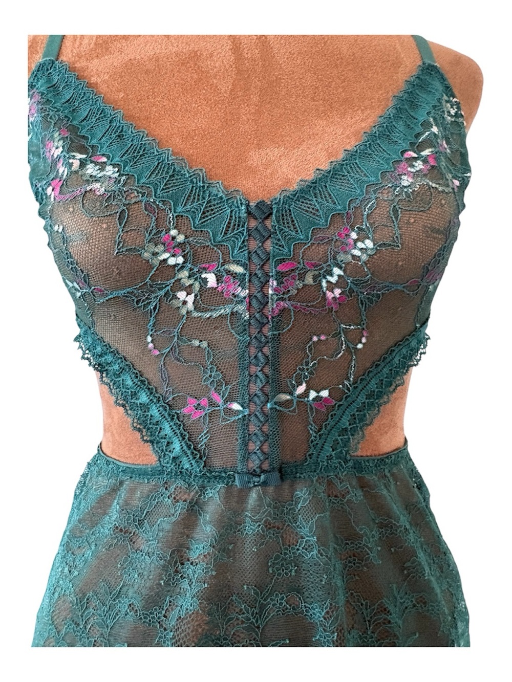 NWT Sheer Emerald Green Lace Slip Cutout Lingerie coquette Babydoll Dress S